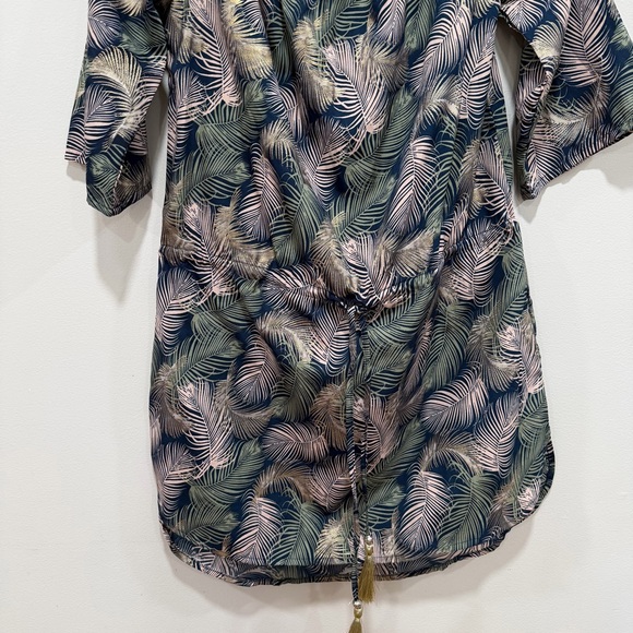 Blue island Tropical Leaf Print Mini Dress Boho Cinched Waist Tassel Tie Small - Picture 4 of 7